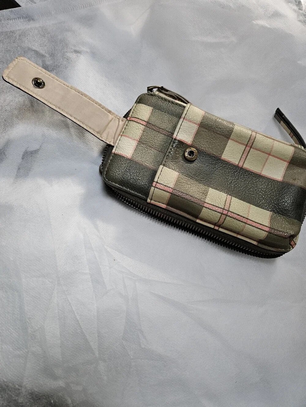 Leather Wristlet Clutch in Green Plaid